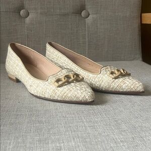 Pointed Ivory Tweed Flats with Gold Chain Accent
